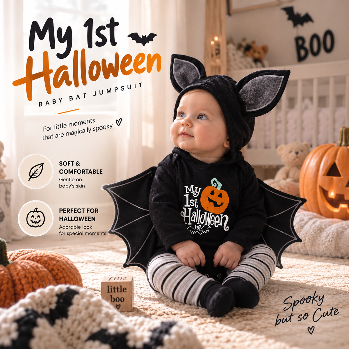 My first outfit is a cute little bat costume for a baby.